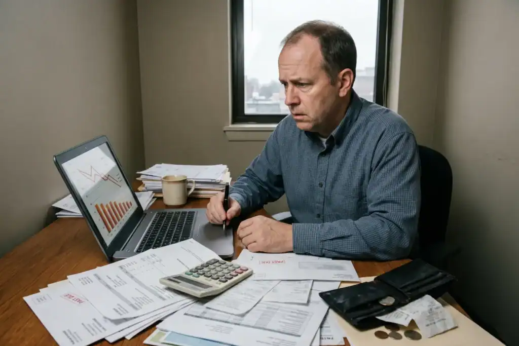 A man studies financial charts on a laptop while sitting at a cluttered desk during a business closing. Papers and bills surround him, and his expression shows worry.