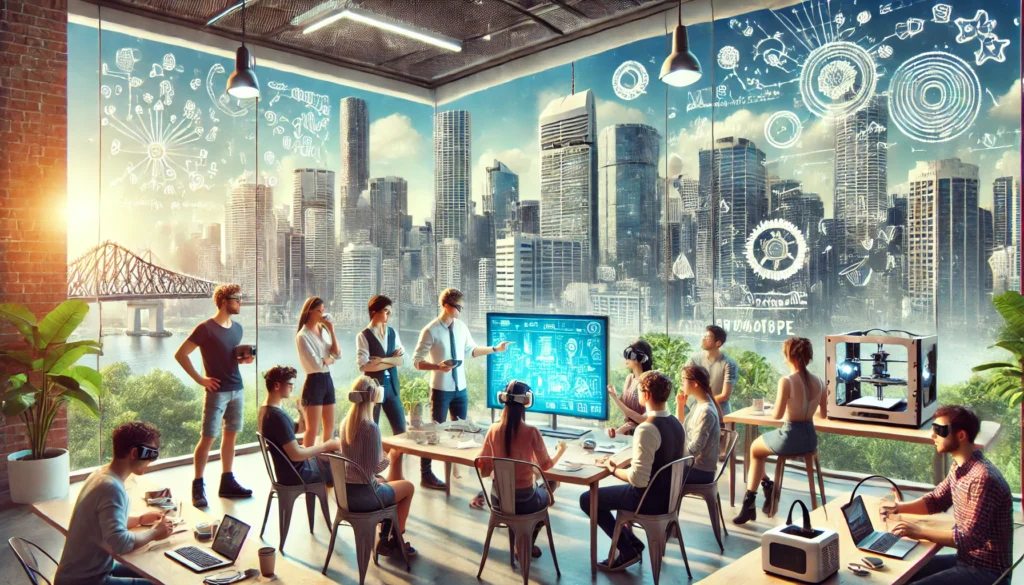 Collaborative tech workshop in a modern office, with people using VR headsets, a 3D printer, and digital displays.