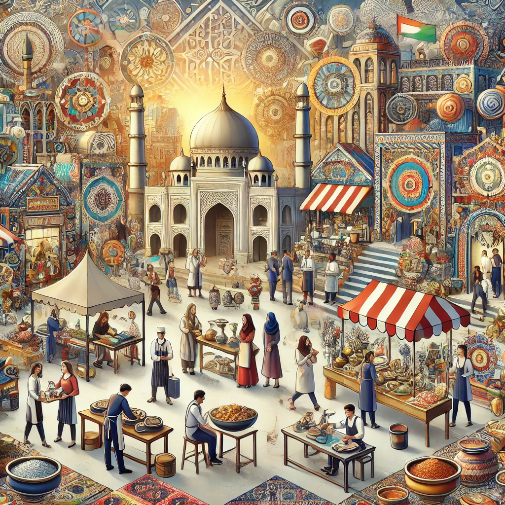 Bustling market scene around a grand mosque, with artisans, food stalls, intricate patterns, and vibrant cultural motifs.