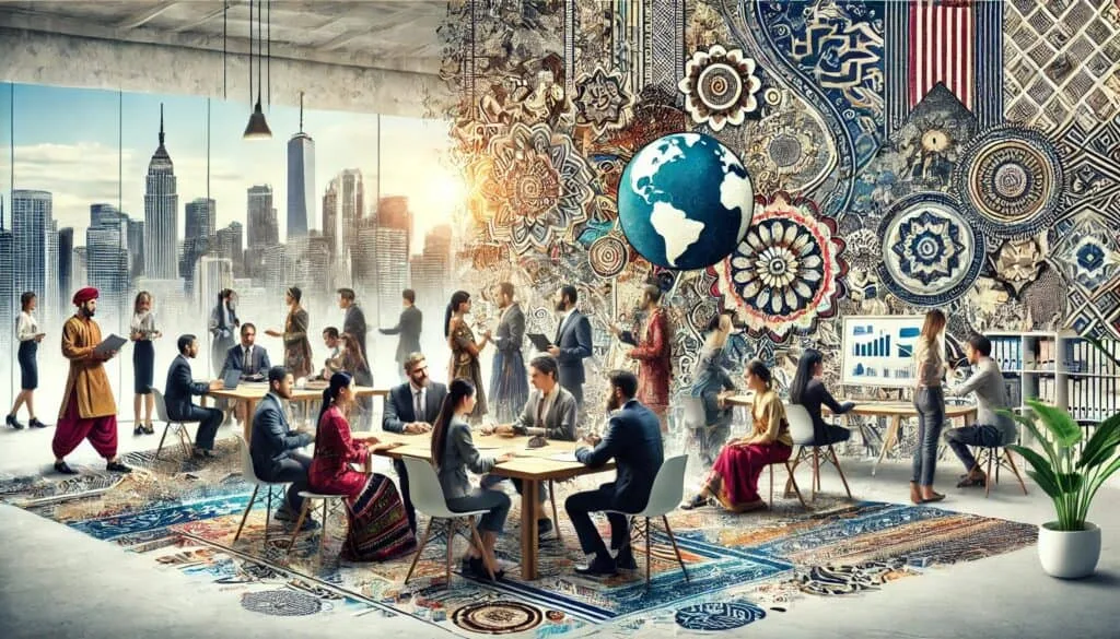 Global professionals working together in a creative office celebrating cultural diversity and inclusion.