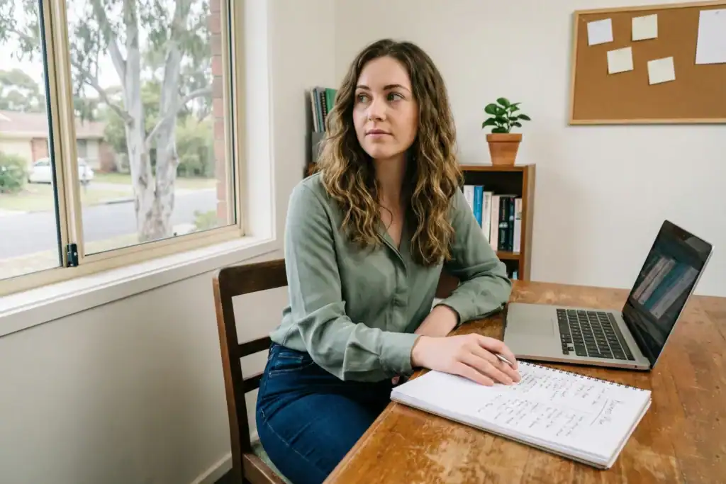 Young Australian woman entrepreneur working at a home desk. She appears to be reviewing a business plan and planning her startup journey.