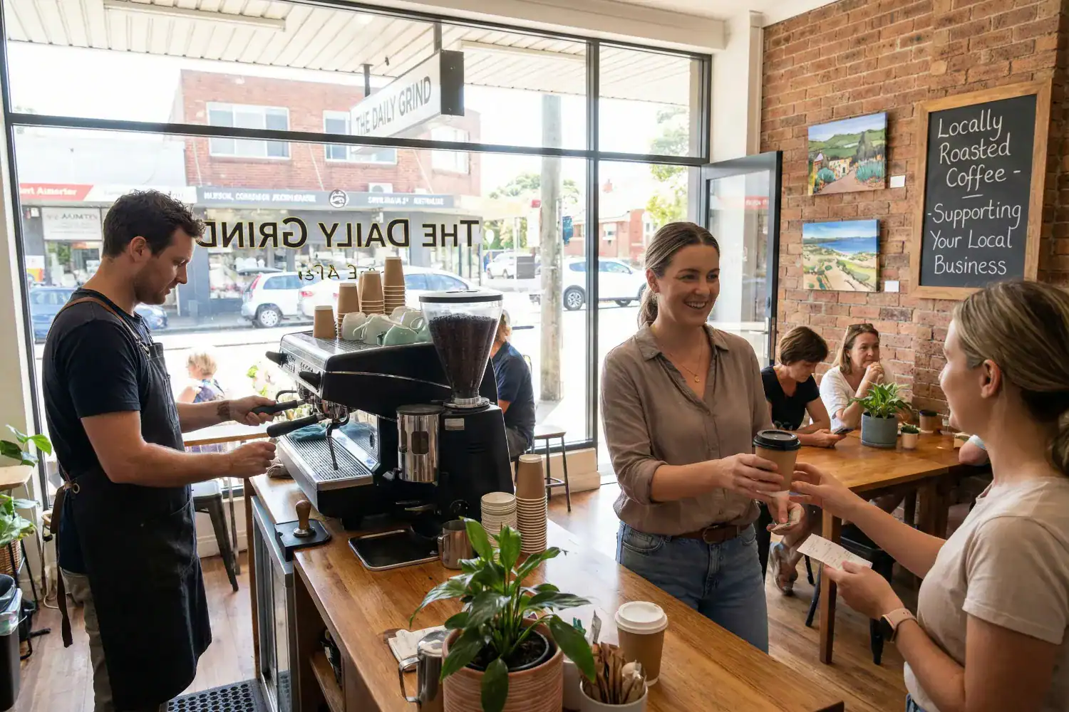 A husband and wife team are serving customers in their small Australian cafe. The man is preparing coffee behind the counter while the woman greets a customer with a smile, handing over a cup. The cafe is bright and inviting, with wooden tables, local artwork on the walls, and sunlight streaming through the windows.
