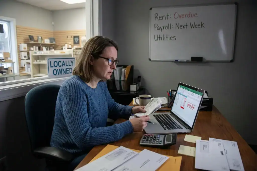 A woman sits at her desk, reviewing financial documents and overdue invoices in her small office. The scene conveys the stress of managing cash flow and rising operational costs, with a laptop, bills, and a whiteboard listing expenses in the background.