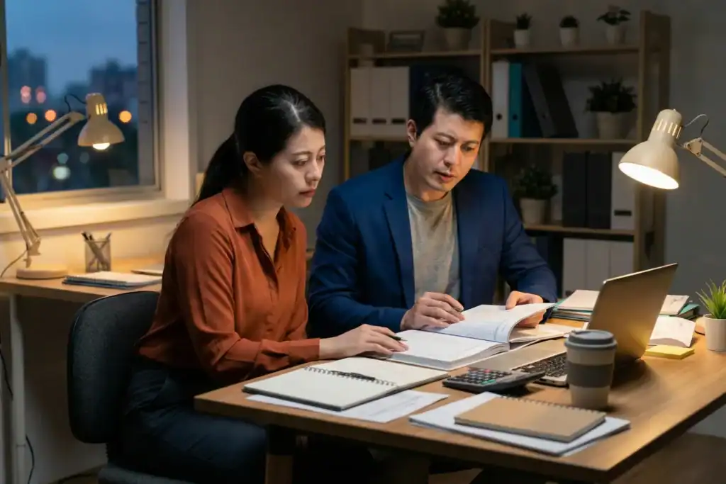 Young Australian entrepreneurs working late in a small office. They are reviewing finances and planning together, and this scene is showing the challenges of early-stage business building.
