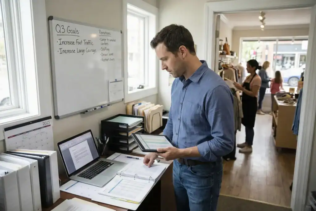 A small business owner stands in his back office, reviewing financial data on a tablet and making notes. His small retail shop is visible in the background with customers browsing shelves. The office is organised with a laptop and personal items.