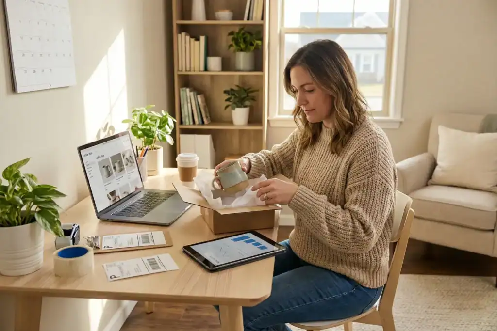 A woman in her late 30s is packing an order in her home office, surrounded by a laptop, shipping materials, and plants. The cozy, well-lit room features a modern desk and a bookshelf. It creates a calm and productive environment for her e-commerce business.