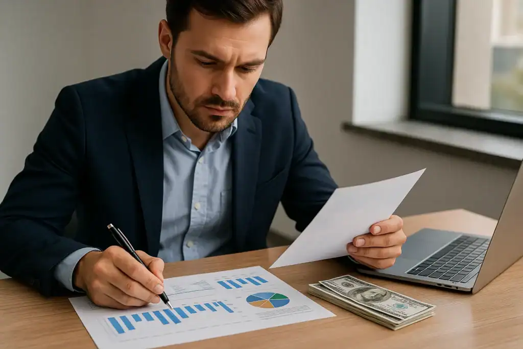 Business professional reviewing financial charts and funding opportunities