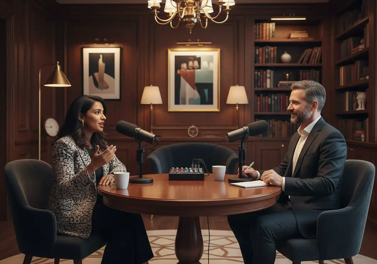 Business podcast interview with two professionals speaking into microphones in a modern office library.