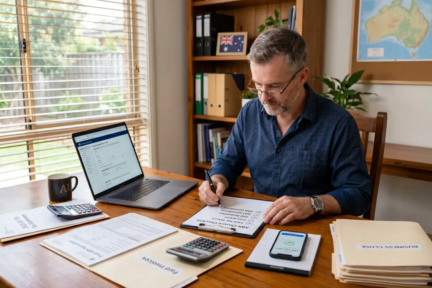 A man sits at a desk in a sunlit home office and reviews business papers and a laptop. The scene illustrates how to close an ABN with organised documents and a calm workspace.