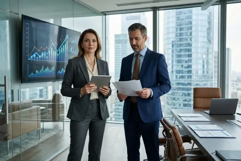 A woman and her husband stand in a modern office while reviewing financial charts on a tablet and documents. A city skyline is visible through large windows behind them.