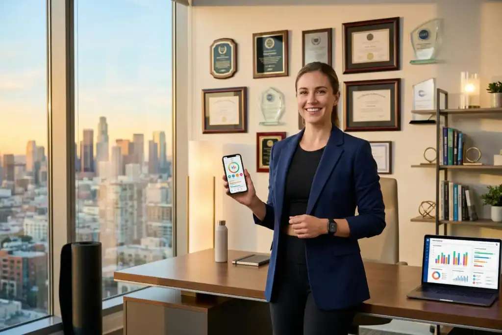 A woman stands in a modern office with framed awards on the wall and a smartwatch on her wrist. A laptop and phone show fitness data and app visuals in a city-view workspace.