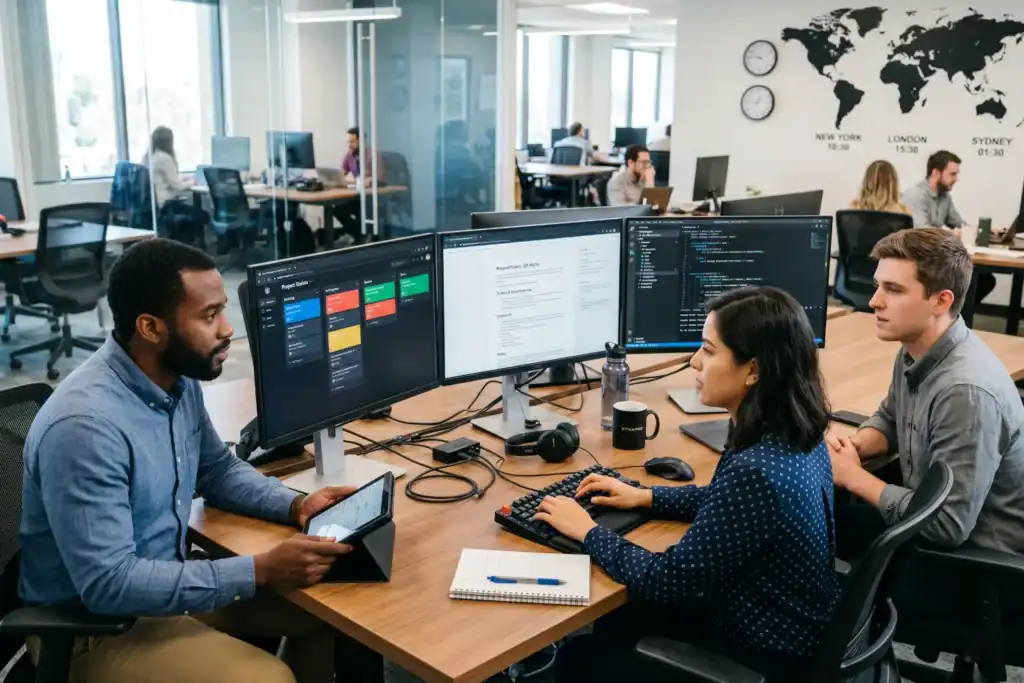 Three professionals sit together in a modern office and look at multiple screens with project and code interfaces. The workspace includes a large desk, digital displays, and a calm office setting in the background.