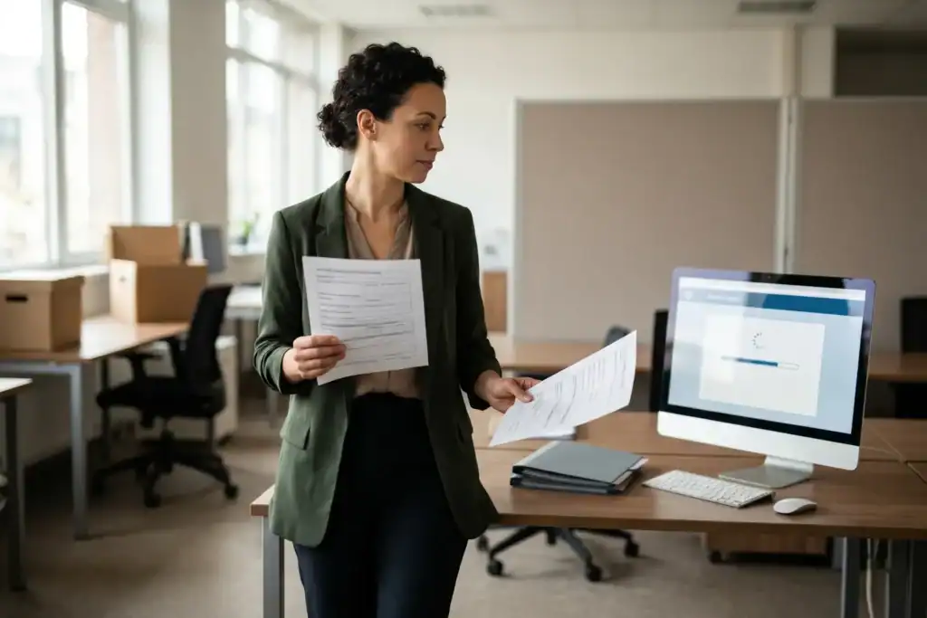 A woman stands in an office and checks a document while a computer screen shows a pending update. The scene captures the short delay before a business status becomes visible publicly.
