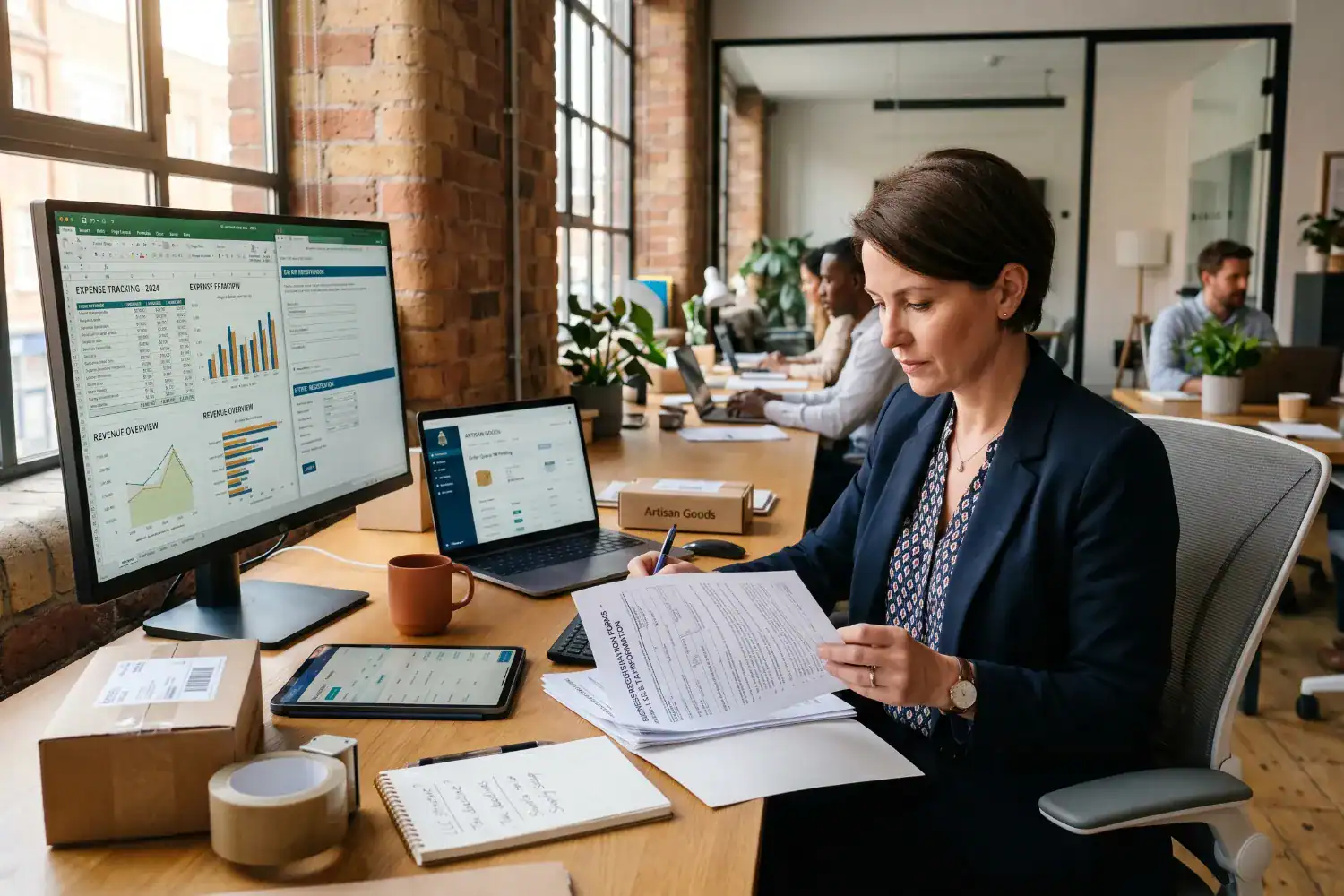 A woman reviews tax papers and online business records in a modern co-working studio. Parcels, business documents, and digital sales data surround her workspace.