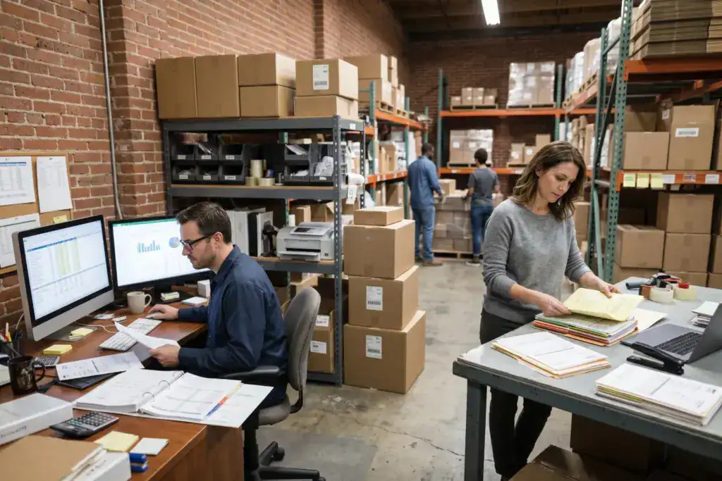 A man and woman manage paperwork, invoices, and reporting tasks inside a busy workspace while comparing sole trader or company responsibilities. Storage shelves, shipping boxes, and financial records fill the realistic business environment.