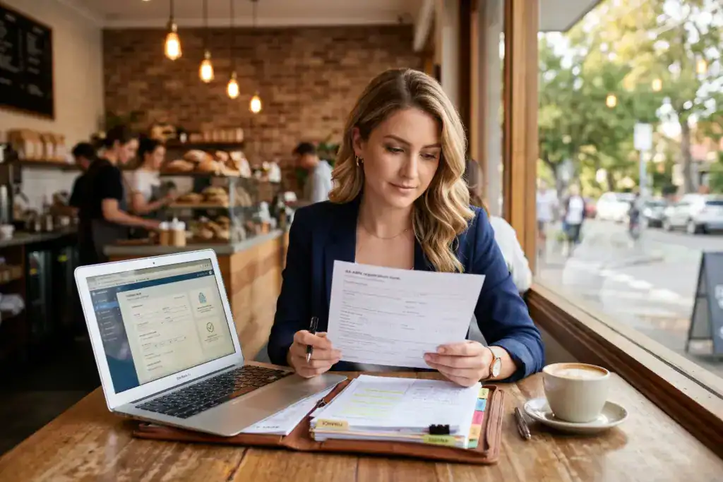 A professional Australian woman checks tax forms and business paperwork while seated in a quiet café. She reviews important details before she moves ahead with her business registration.