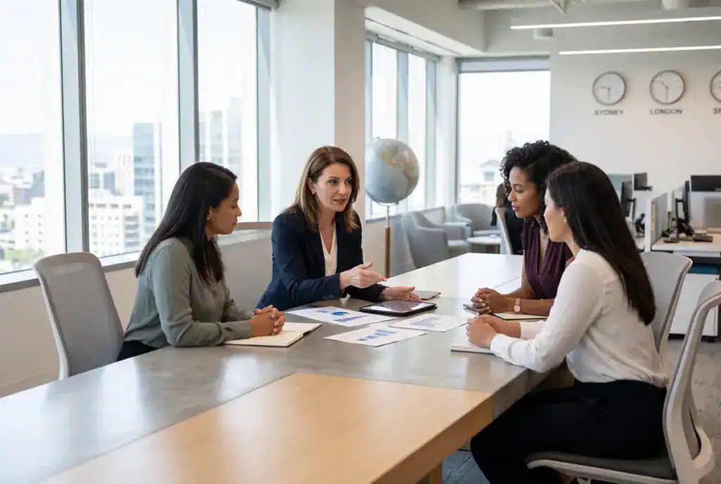 Four professional women sit at a long conference table discussing documents in a bright, modern office.