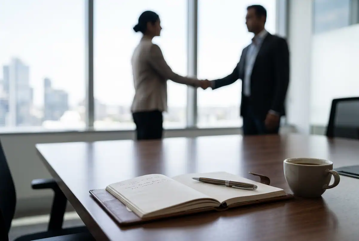 Open notebook, pen, and coffee cup on a conference table; blurred executives shake hands in the background.