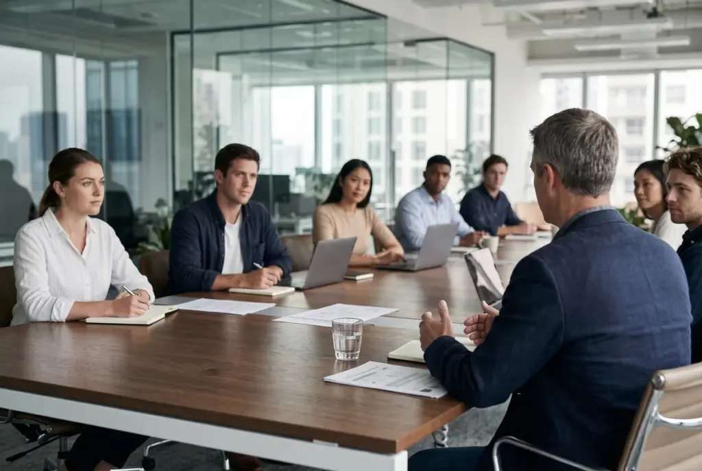 View from behind an executive gesturing to a diverse team seated across a polished boardroom table.