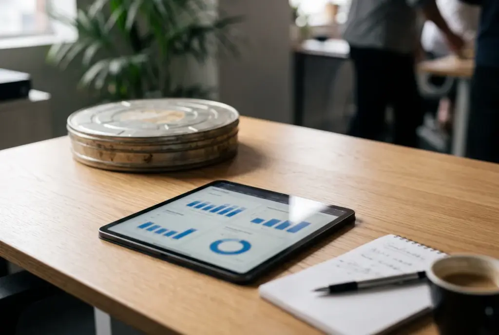 A wooden desk featuring a tablet displaying charts, a vintage film reel, and a coffee cup.