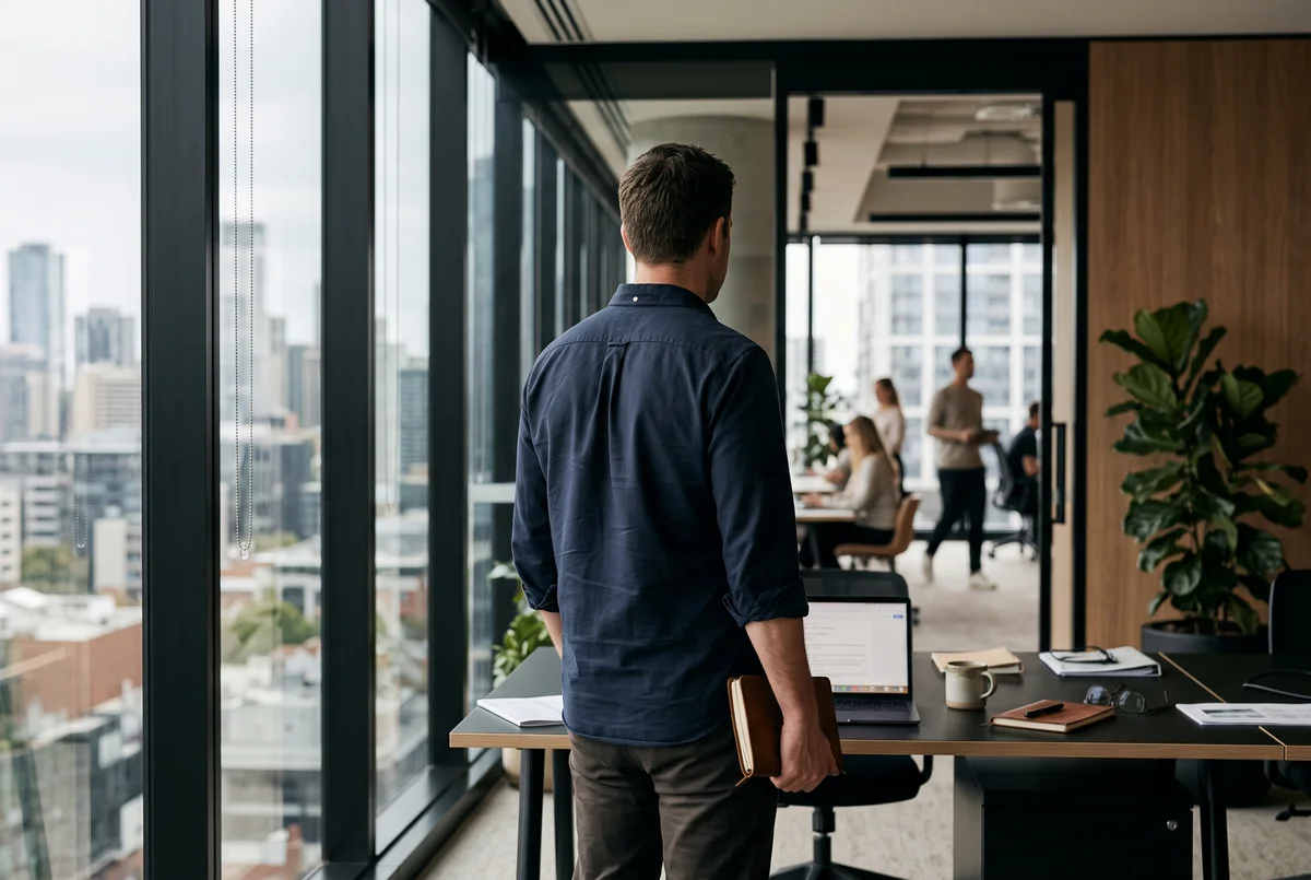 Man in a blue shirt holding a notebook, looking out a large window in a modern office.
