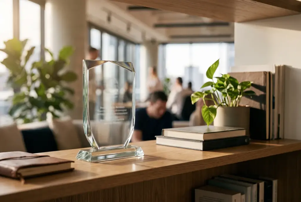 A glass award on a wooden shelf with colleagues blurred in the sunny office background.