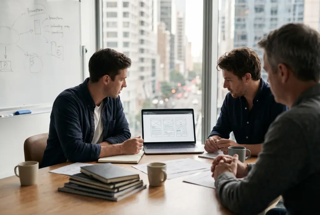Three men sitting at a bright office table collaborating over digital wireframes displayed on a laptop.