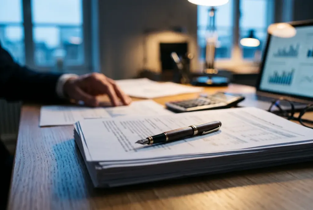 A fountain pen rests on a stack of financial documents on a wooden desk.