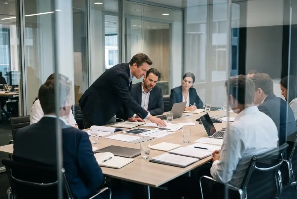 Corporate executives leaning over financial documents during a tense meeting inside a glass-walled boardroom.
