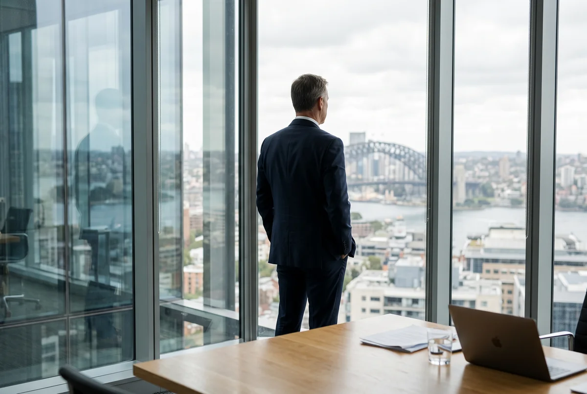A male executive in a suit looking out a window at a city skyline from his office.