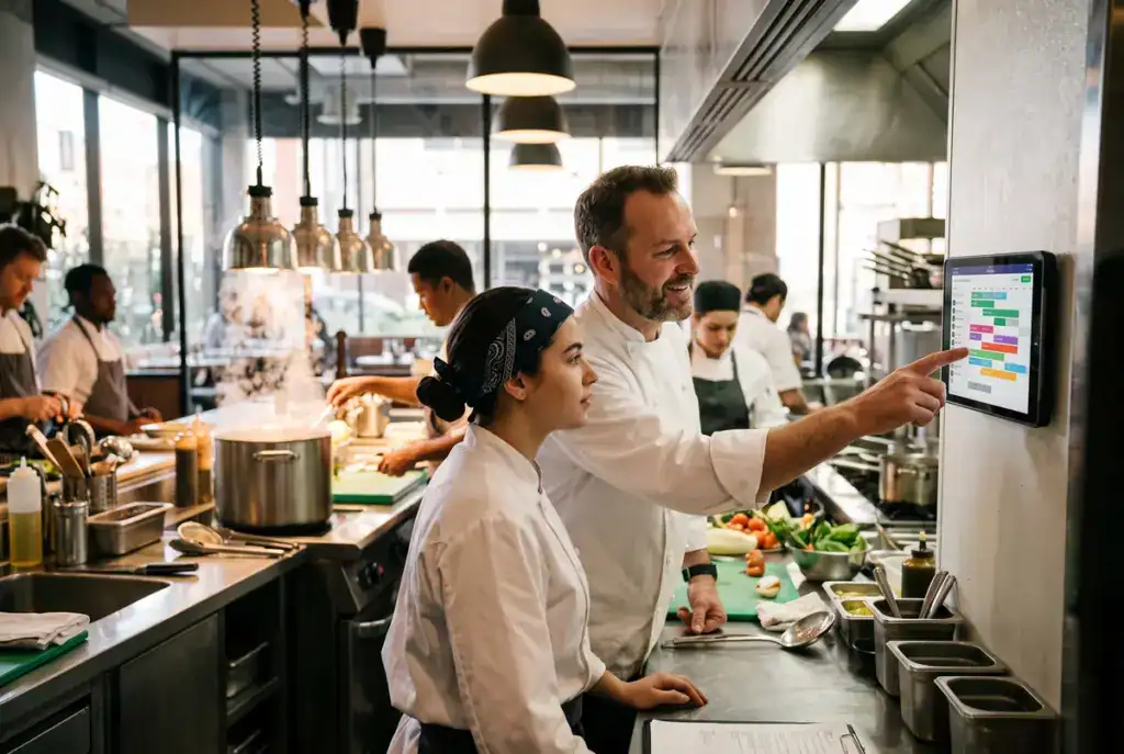 A chef and kitchen worker view a digital shift schedule on a wall-mounted tablet in a bustling restaurant.