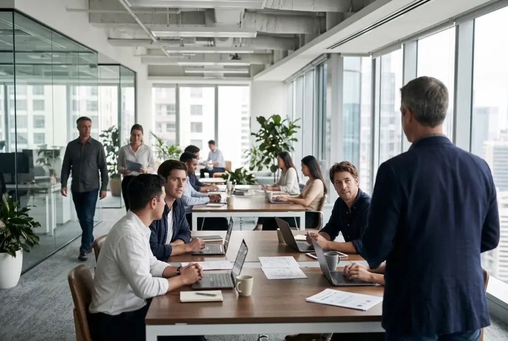 Standing executive viewed from behind speaking to seated employees in a modern open-plan office setting.
