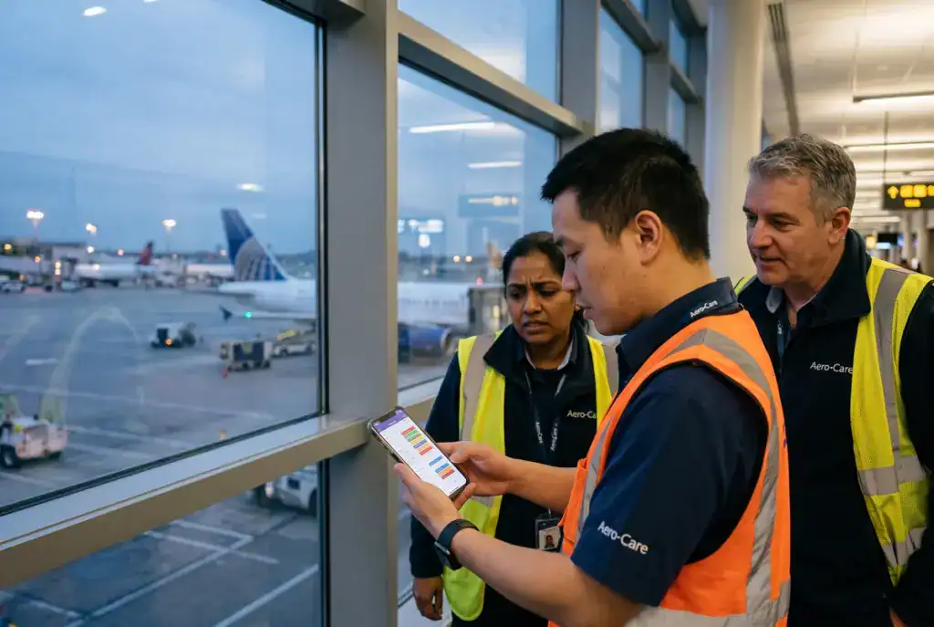 Airport ground staff in high-visibility vests looking at a scheduling app on a smartphone near a window.