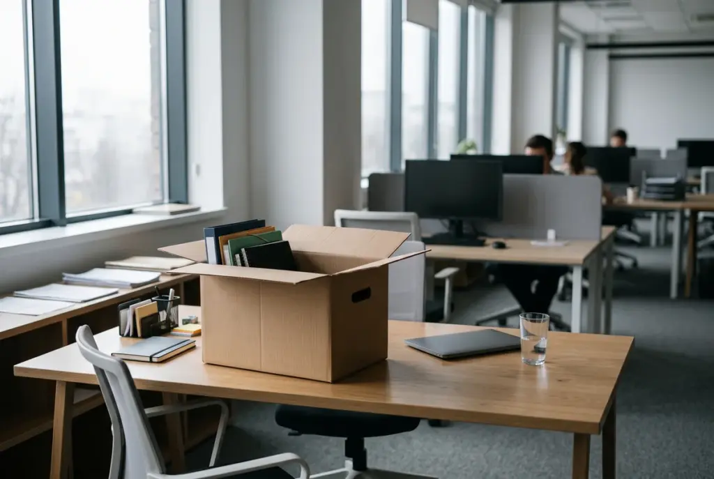 A half-filled cardboard moving box resting on an empty wooden desk in a modern office space.