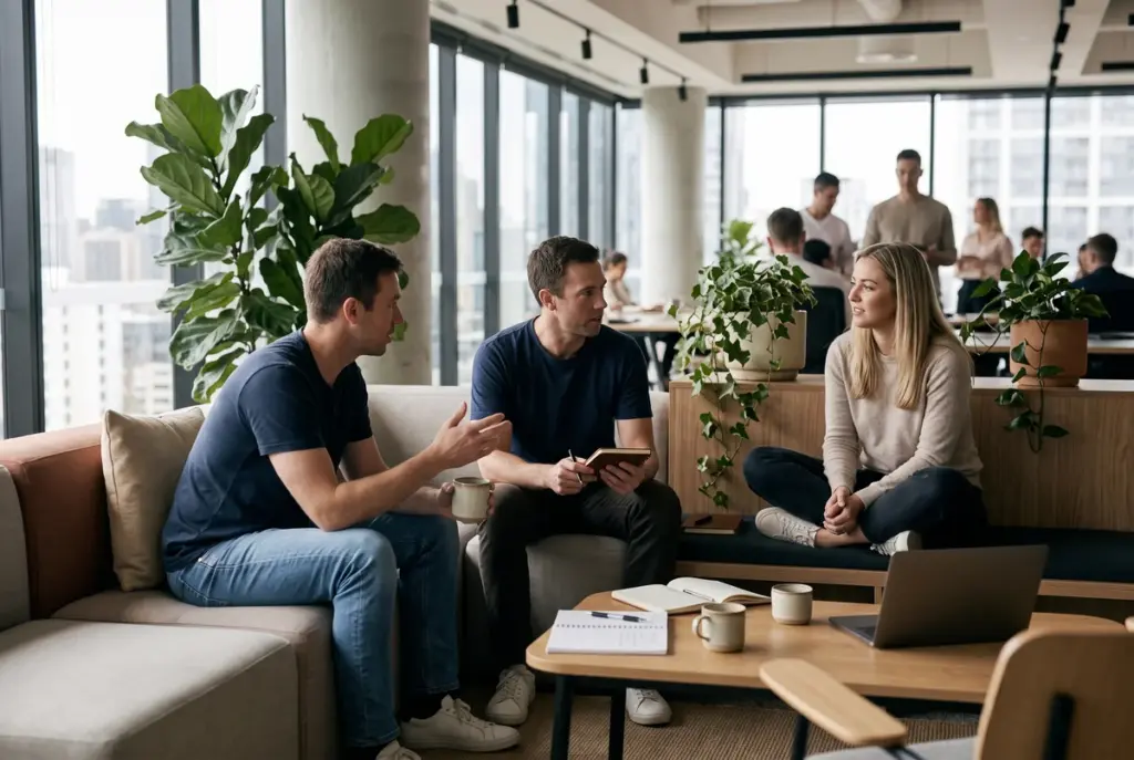 Three colleagues talking casually on a sofa in a bright, modern office breakout area.