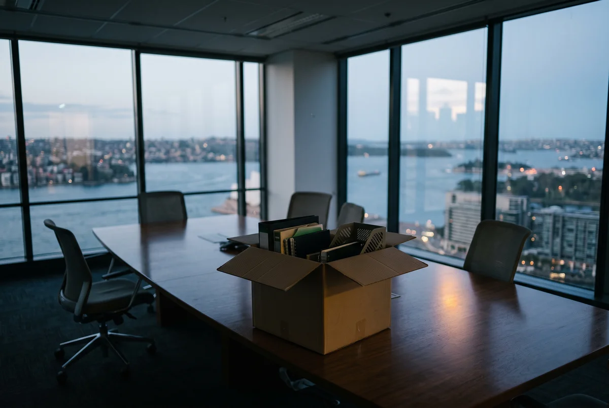 A cardboard box sits on a dark boardroom table overlooking a city harbor at dusk.