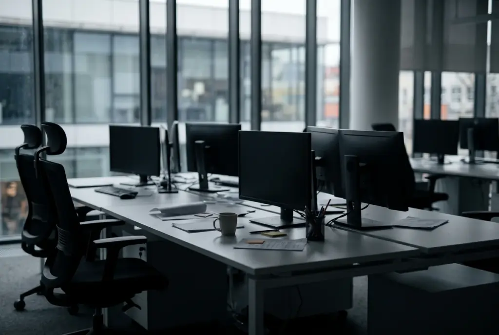 A dimly lit, empty open-plan office with powered-down computer monitors and unoccupied chairs.