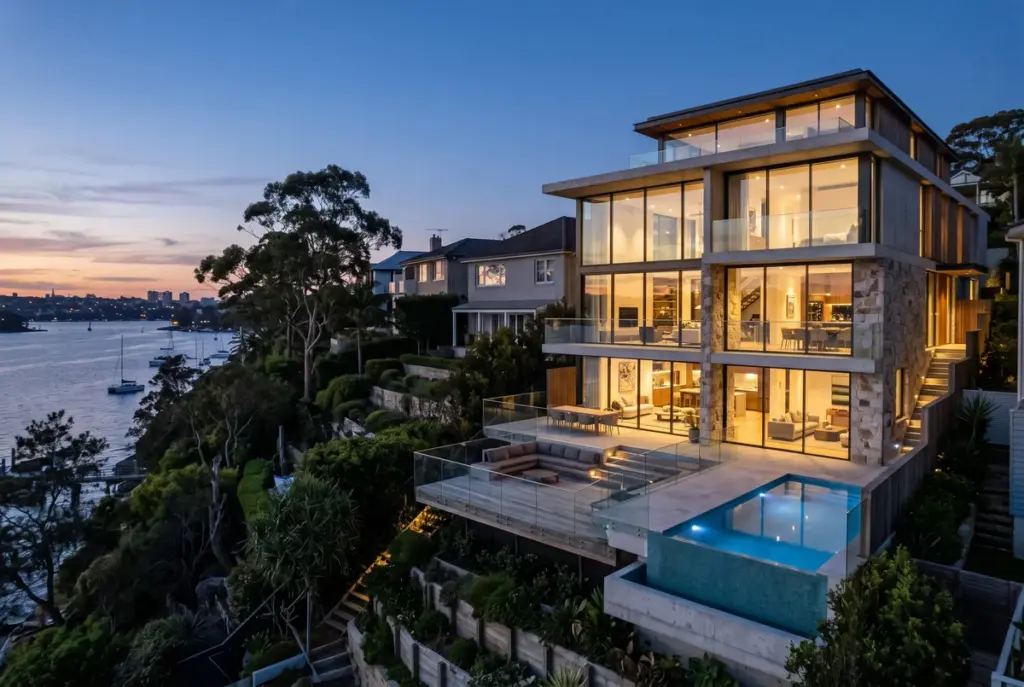 A luxurious, multi-story modern waterfront home with glowing windows and a pool at twilight.