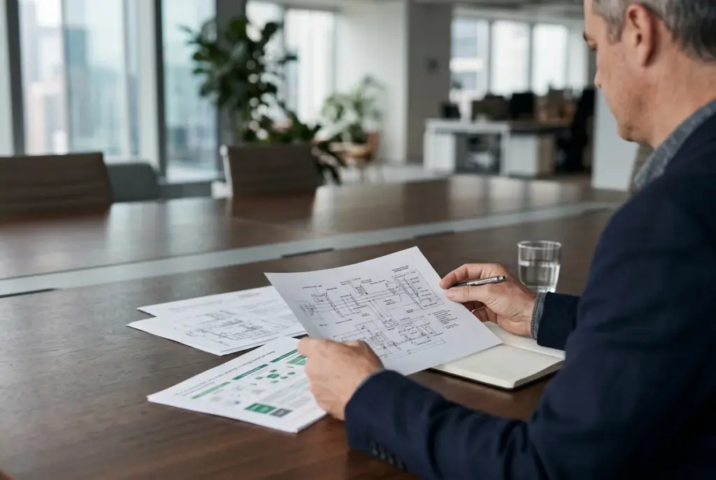 Over-the-shoulder view of a businessman in a blazer reviewing technical schematics at a conference table.