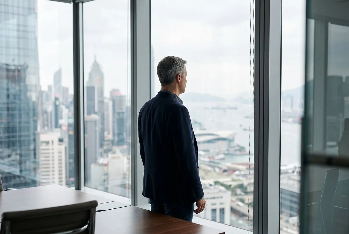 Executive in dark blazer seen from behind, looking out floor-to-ceiling windows at a city harbor.