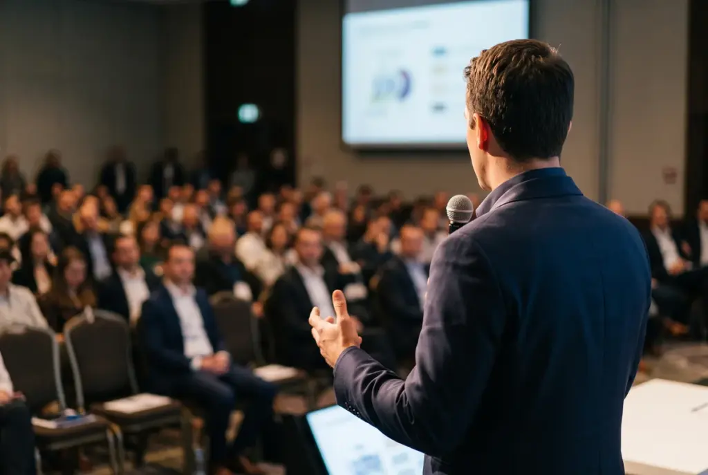 Over-the-shoulder view of a man in a suit speaking to an audience at a business conference.