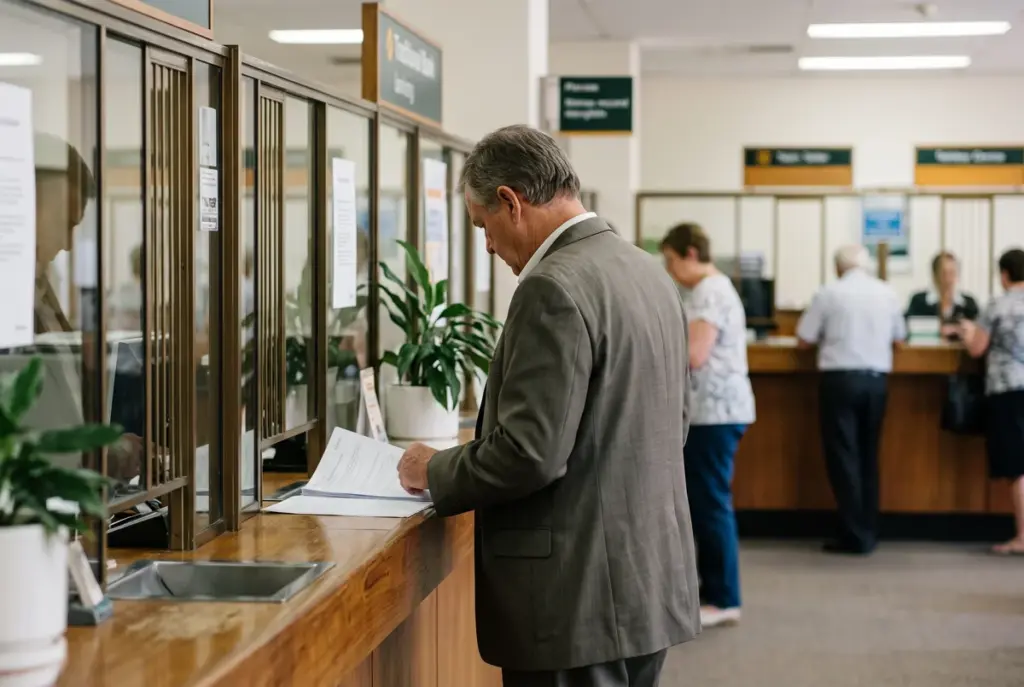 An older man in a suit reading documents at a traditional bank branch counter.