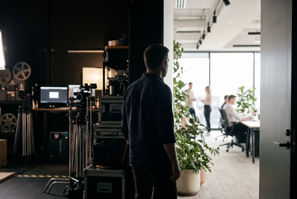 A man silhouetted in a dark film equipment room looking toward a bright, modern office.