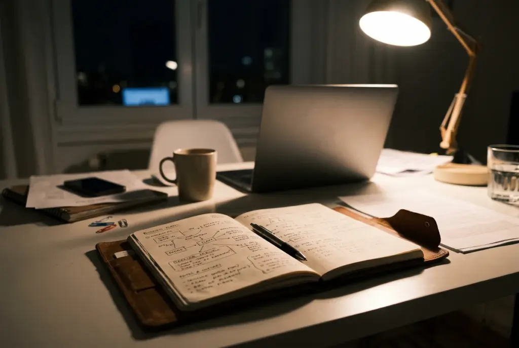 A worn notebook, laptop, and coffee mug on a dimly lit desk under a warm lamp.